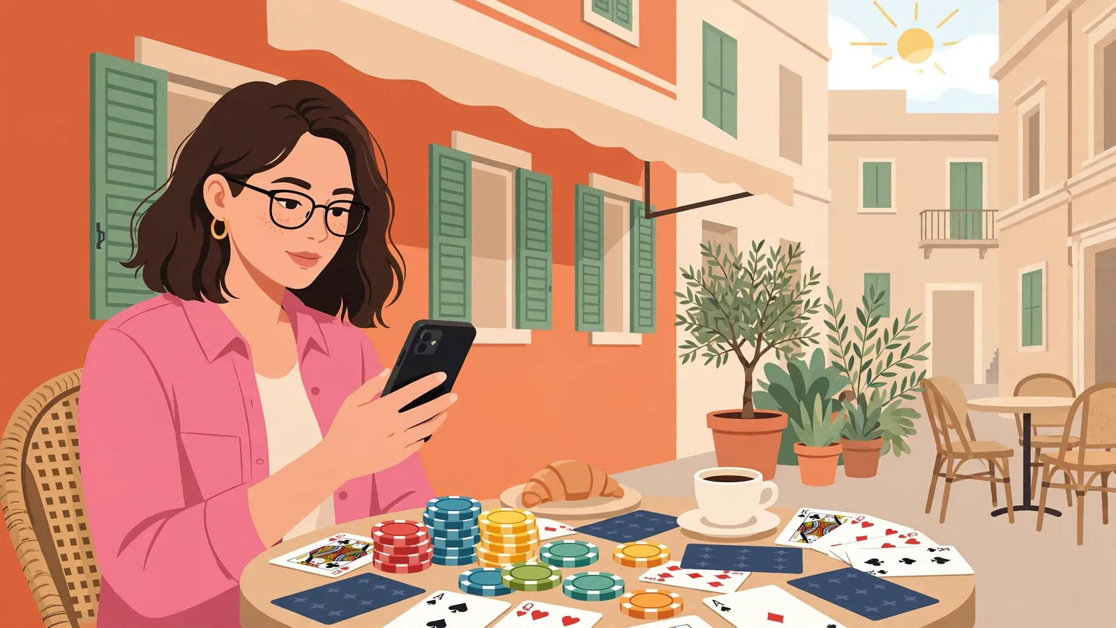 Donna giovane al caffè con fiches da casinò sotto luce calda