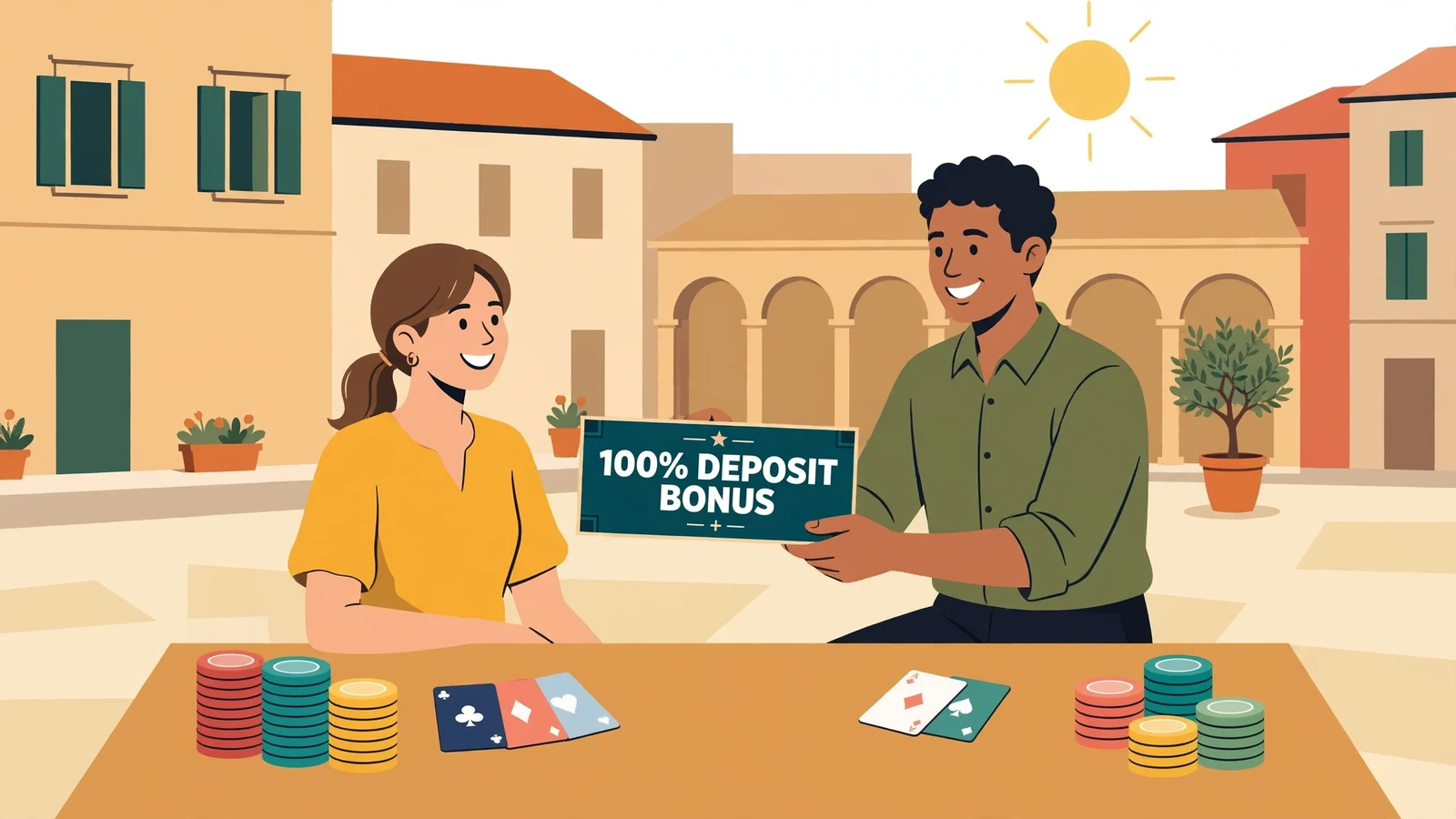 Donna felice al casinò con bonus del 100% sotto luce calda