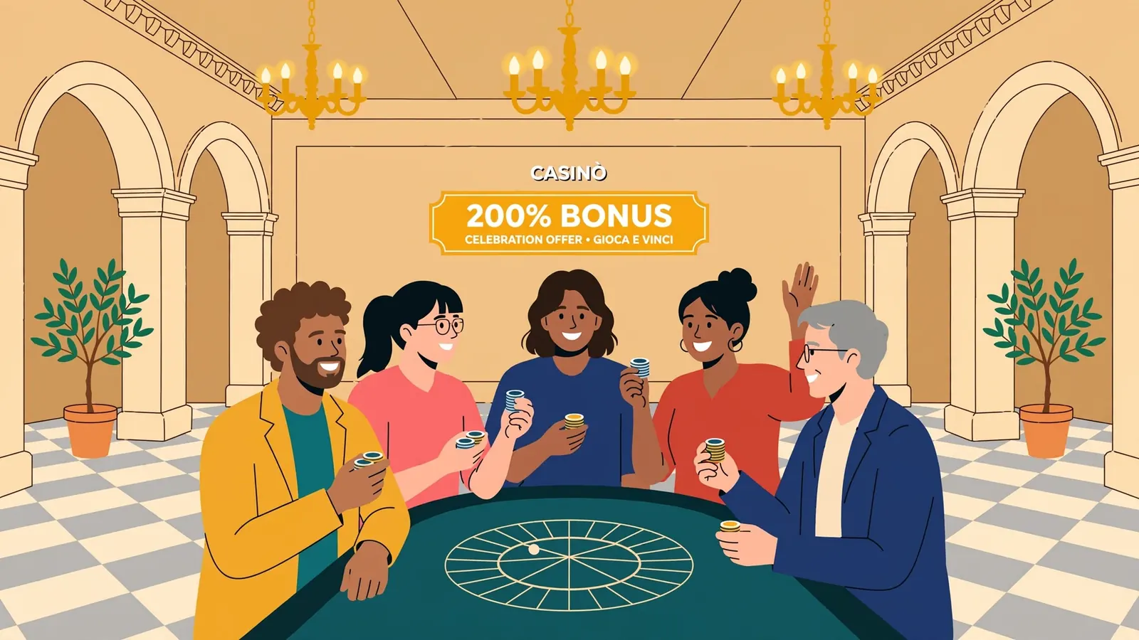 Interno di un casinò italiano con tavolo della roulette e persone felici