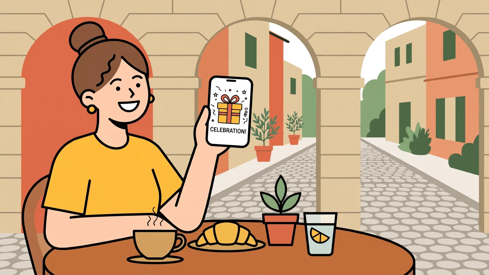 Donna italiana felice con smartphone e scatola regalo al caffè