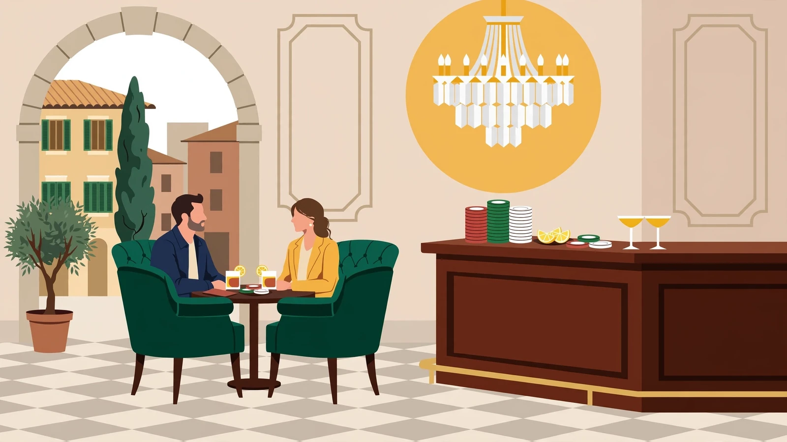 Lusso interno di un casinò VIP italiano con luce dorata