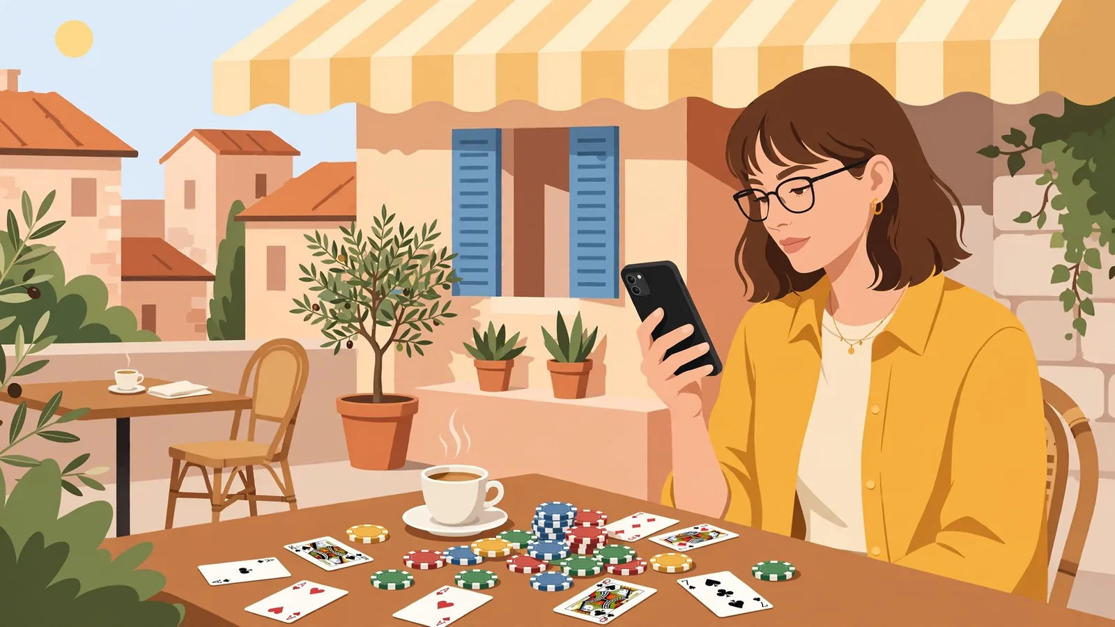 Donna italiana al caffè con smartphone e fiches da casinò