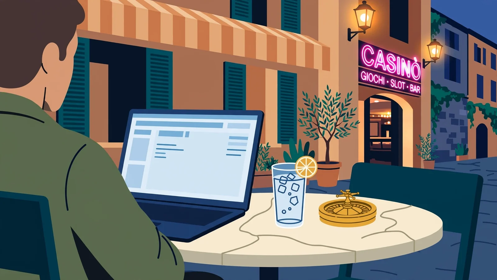 Caffè italiano con ruota della roulette al tramonto