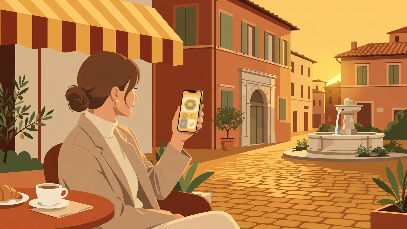 Donna giovane al caffè con smartphone, luce al tramonto