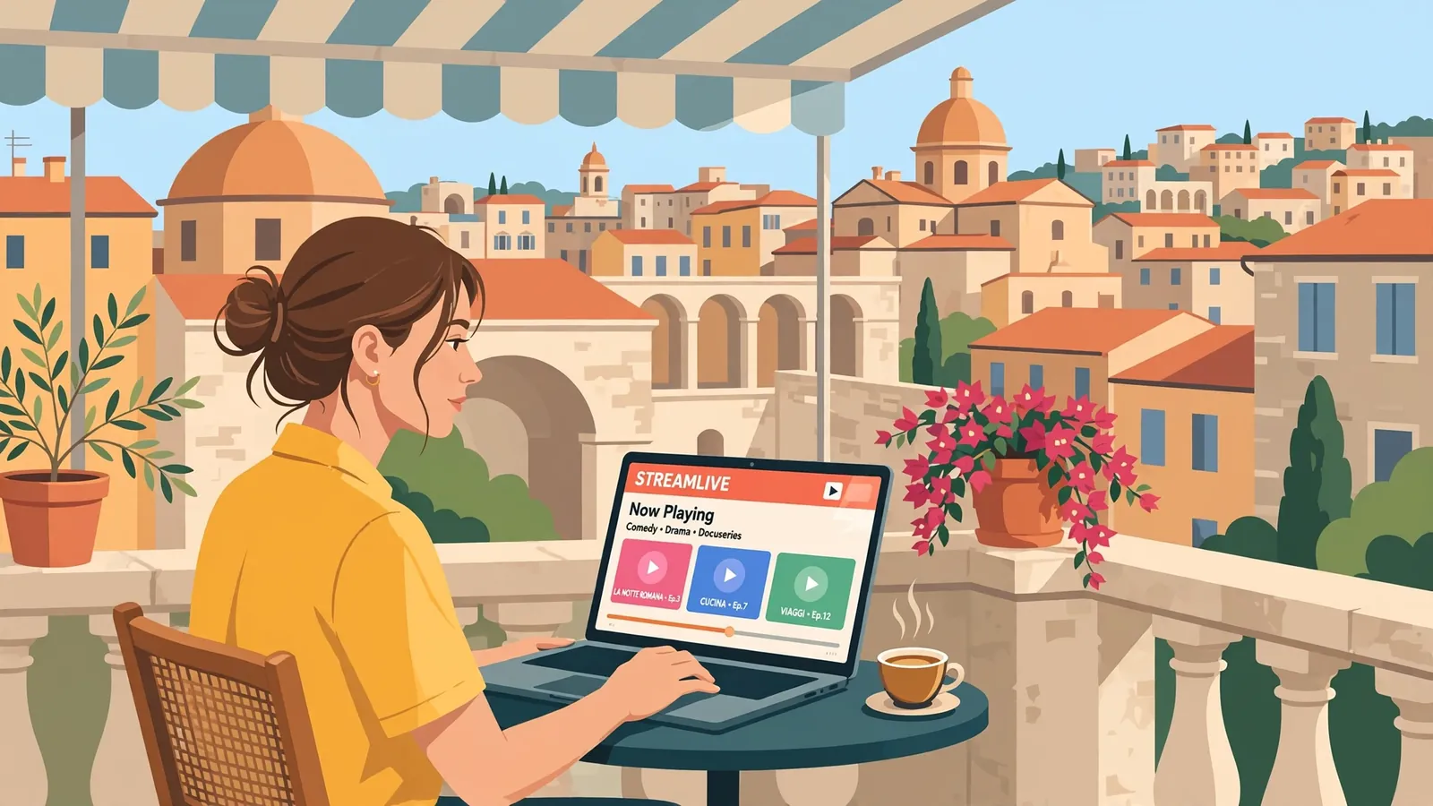 Donna italiana al caffè con laptop e gioco da casinò