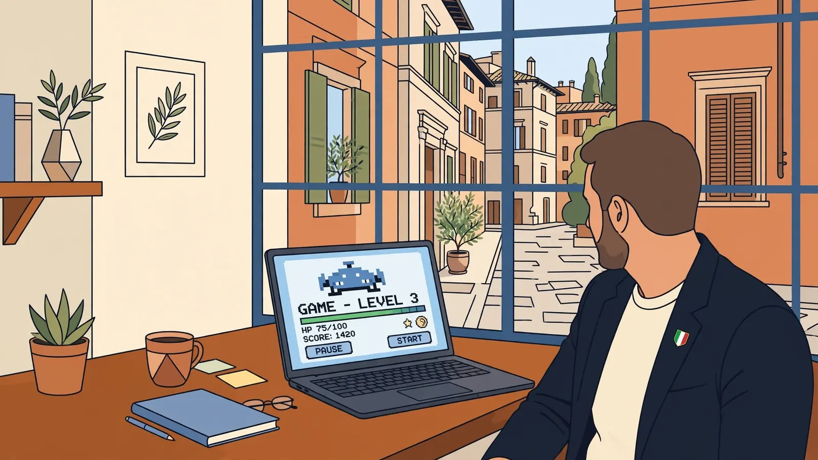 Ufficio moderno italiano con laptop e bandiera italiana