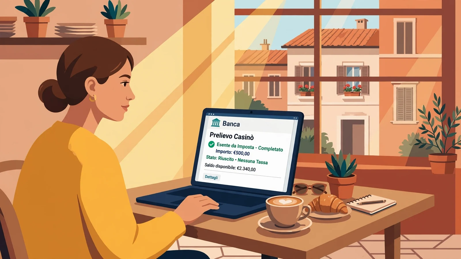 Donna italiana al caffè con laptop e tazza di caffè