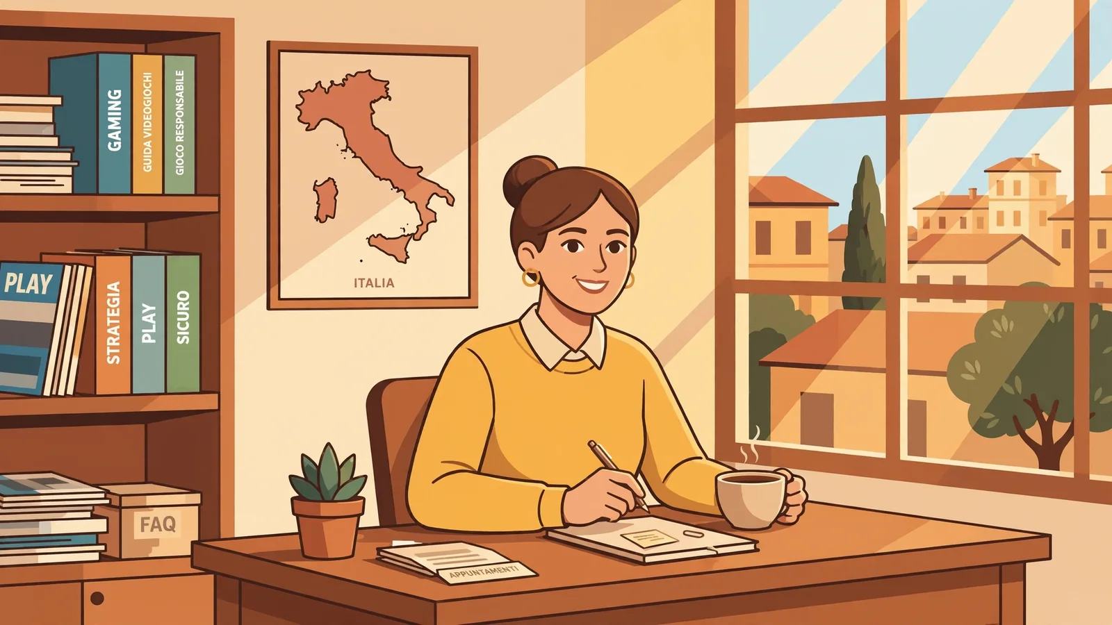 Receptionist italiano al desk con luce pomeridiana