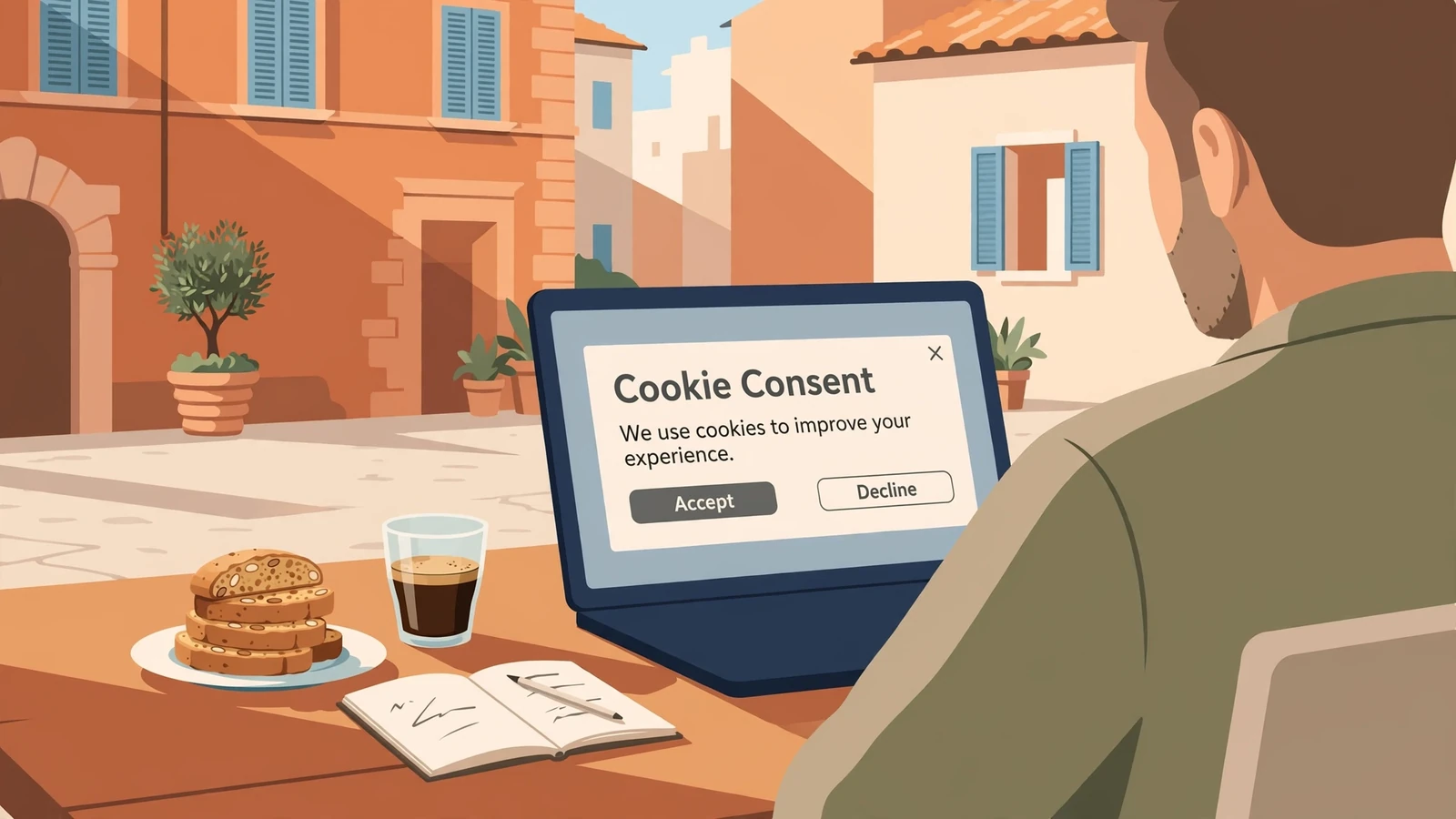 Piazza italiana con biscotti e laptop