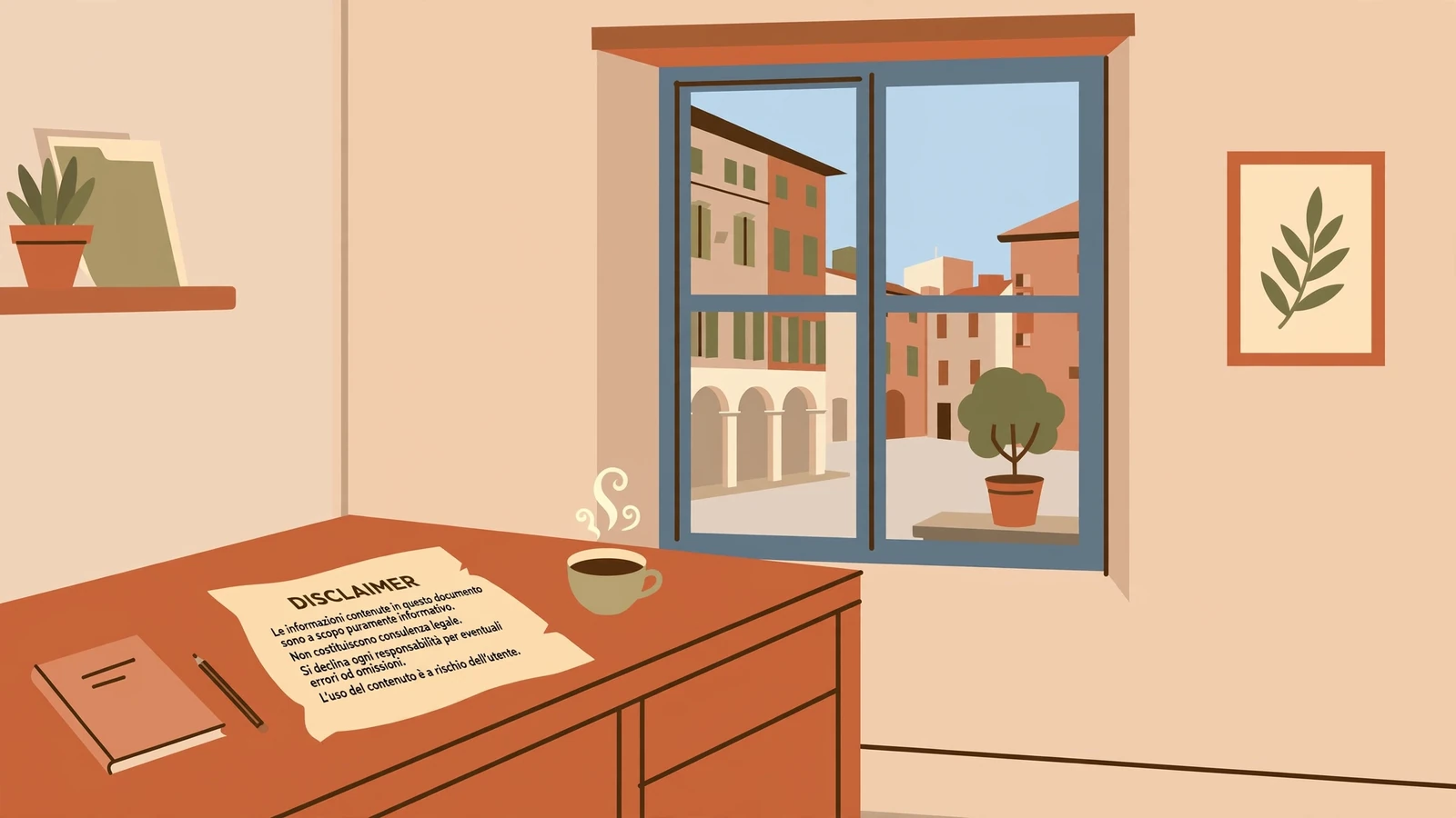 Ufficio italiano con tazza di caffè e disclaimer