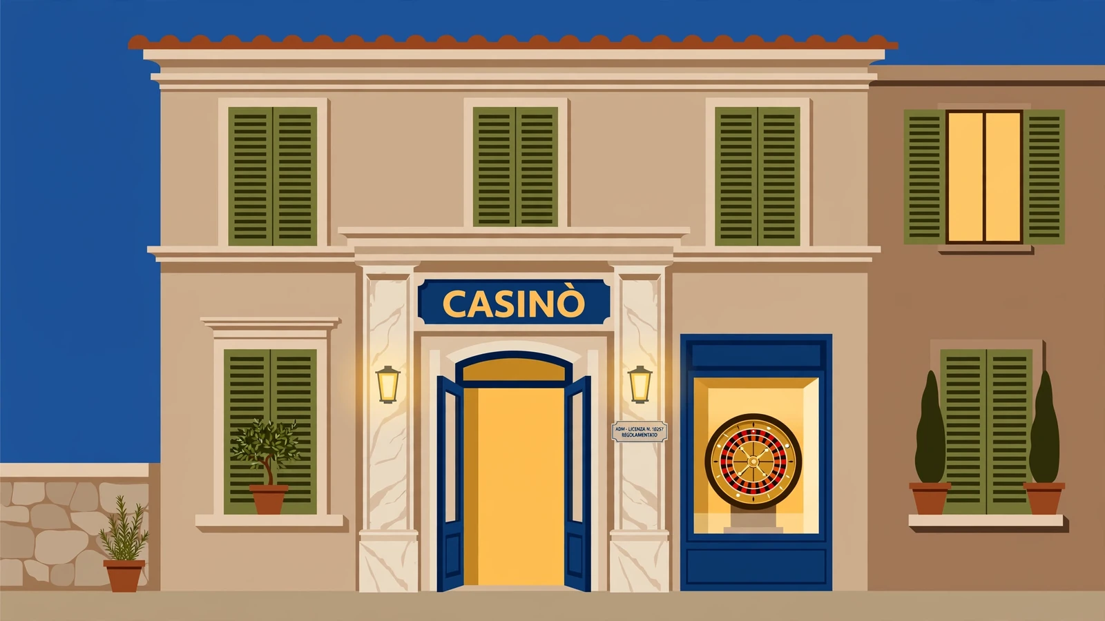 Facciata di casinò italiano al tramonto con luci calde e ruota della roulette