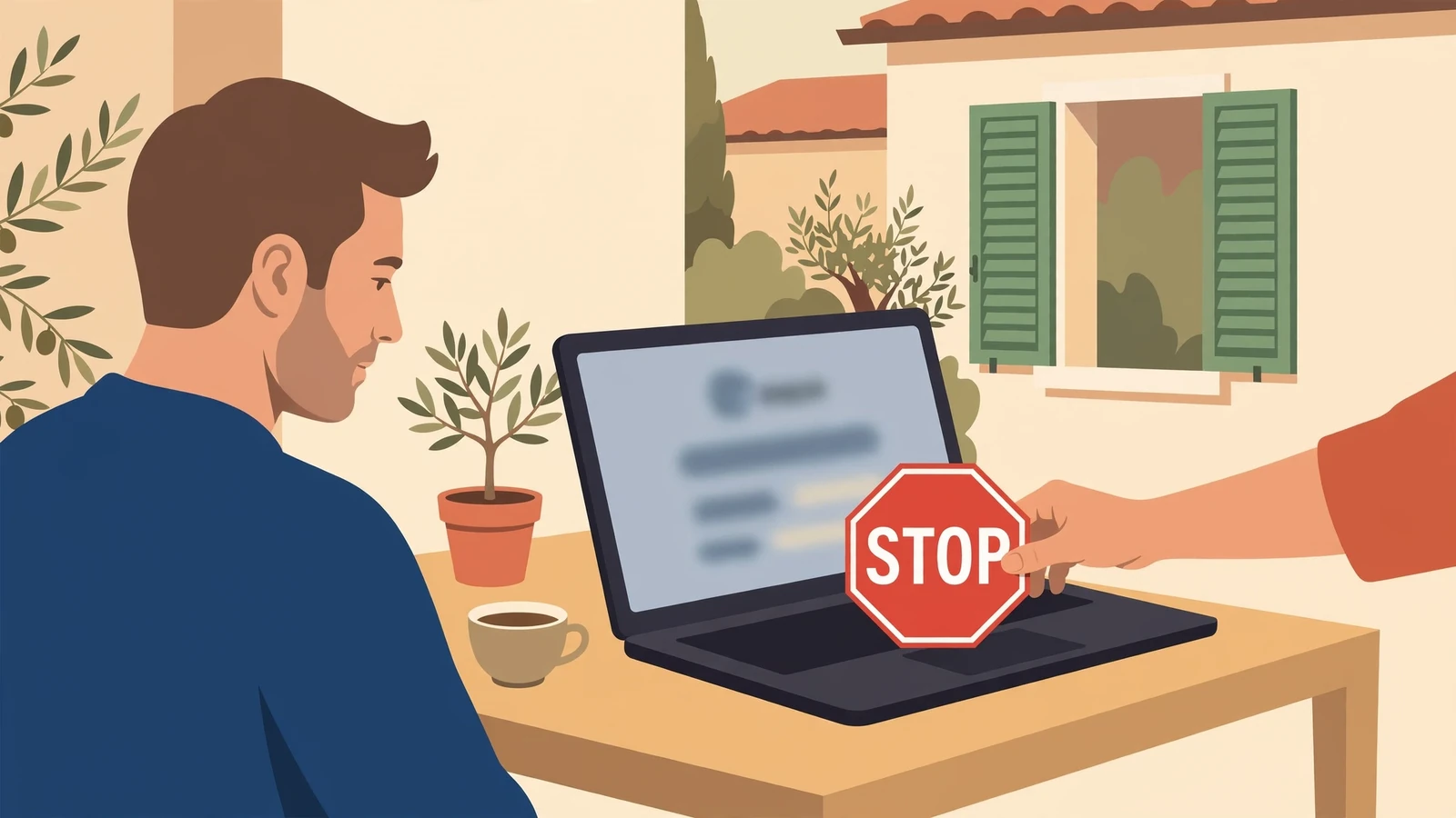 Persona al tavolo con laptop e segnale di stop rosso per autoesclusione