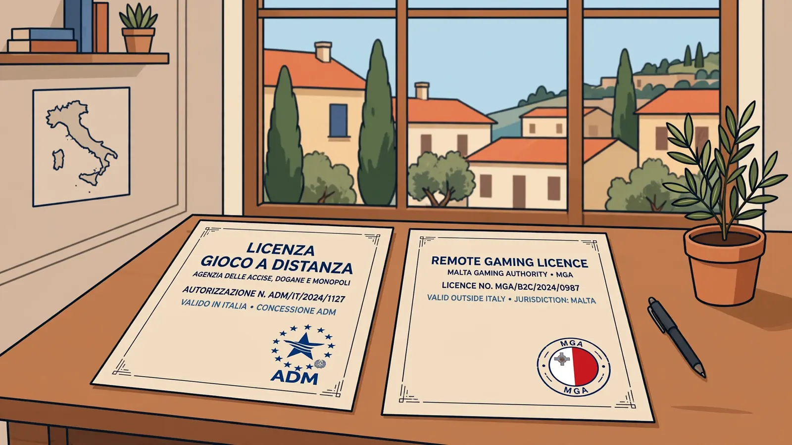 Ufficio italiano con documenti timbrati ADM e bandiera straniera