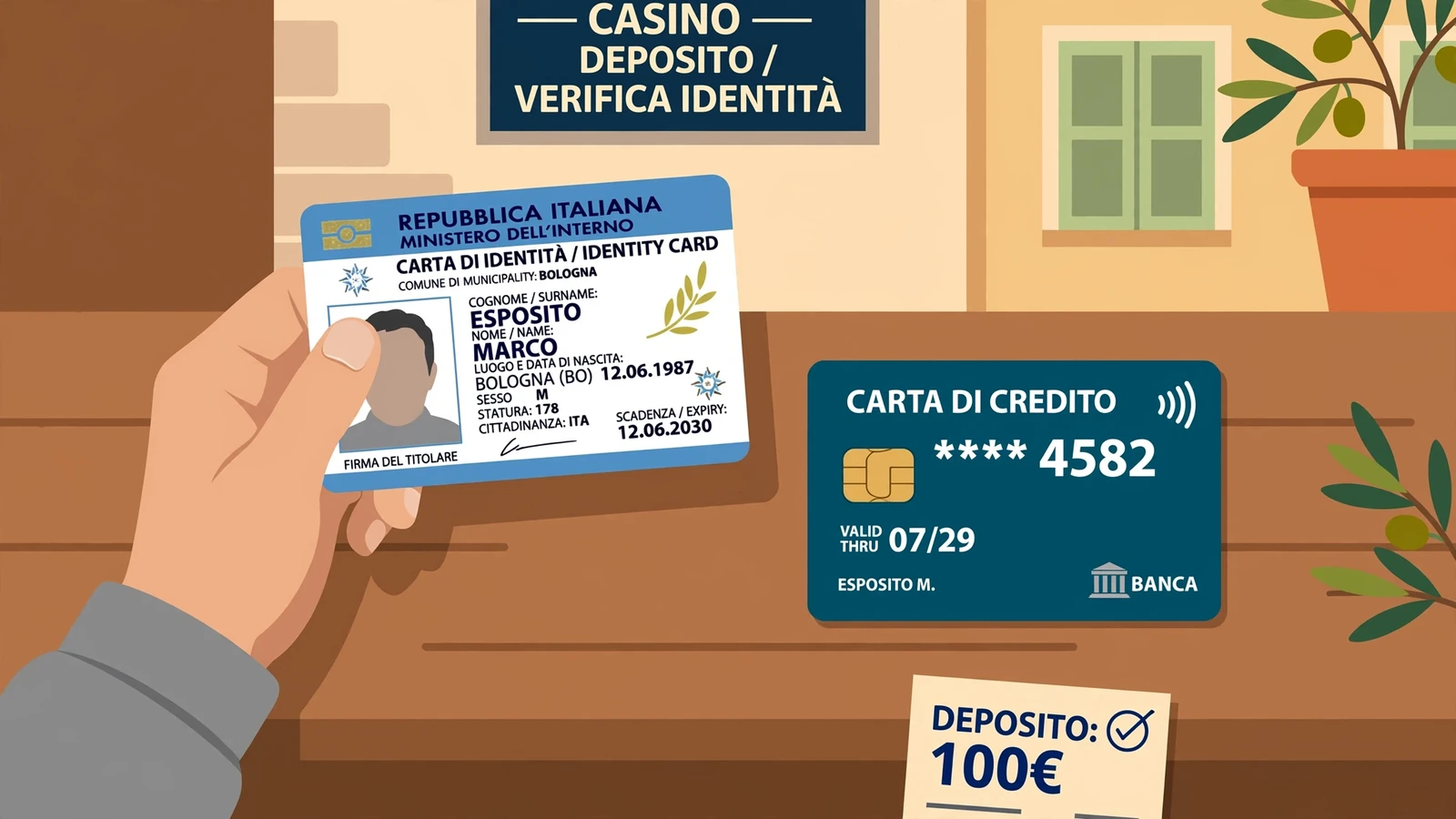 Mano con carta d'identità e carta di credito sul bancone, verifica identità