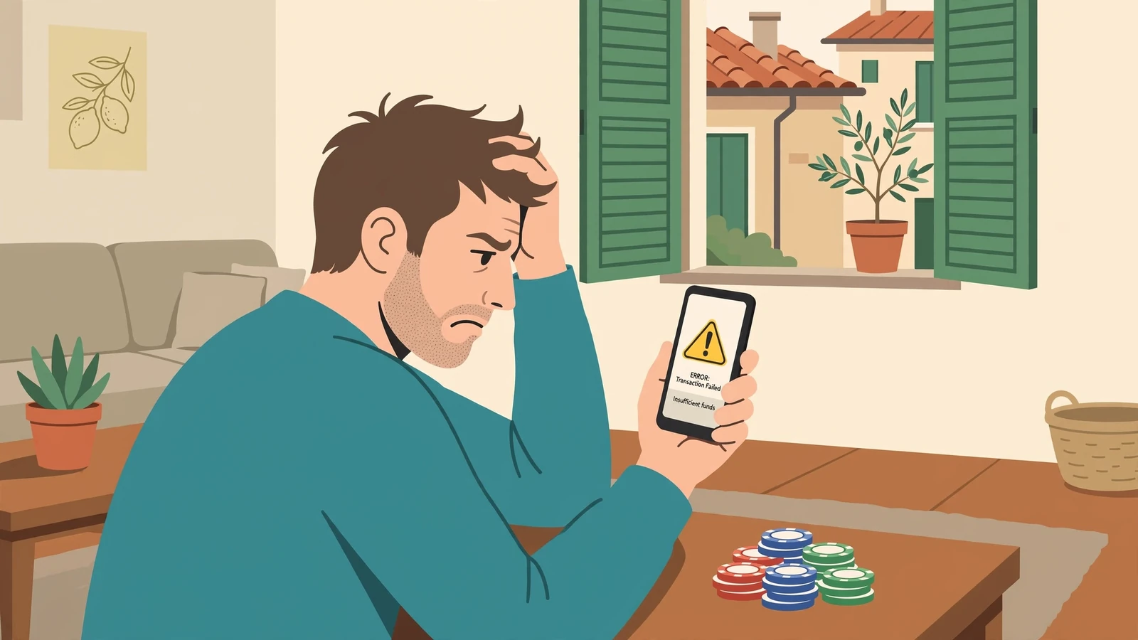 Giocatore frustrato con smartphone e fiches sul tavolino