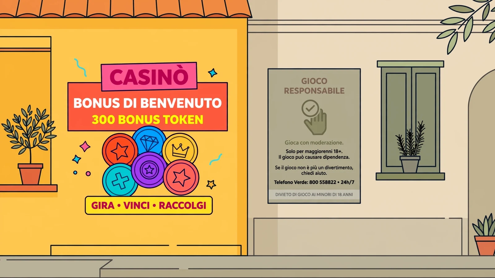 Banner promozionale con token bonus e poster gioco responsabile
