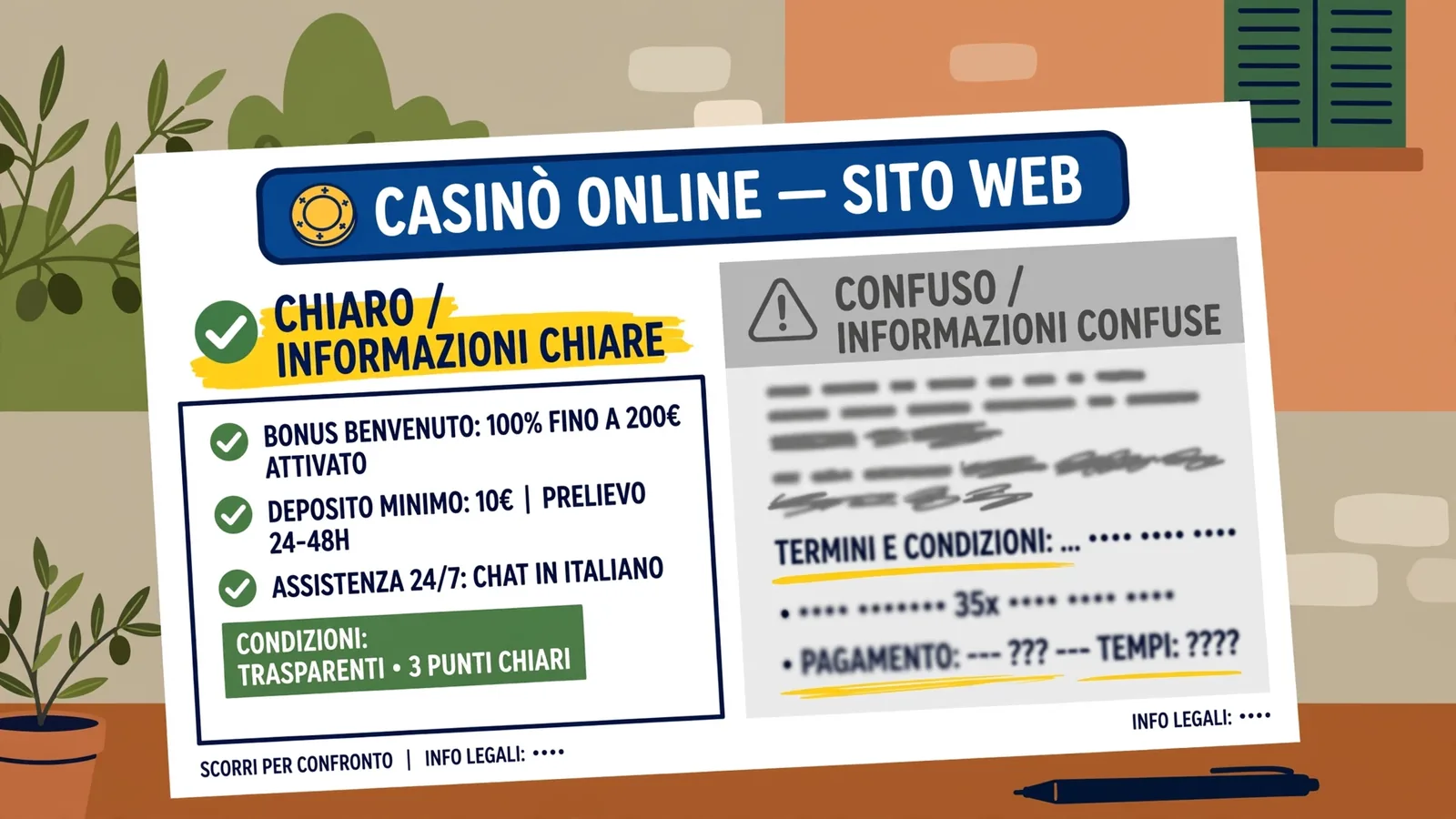 Stampa di sito casinò con sezioni sfocate e evidenziate
