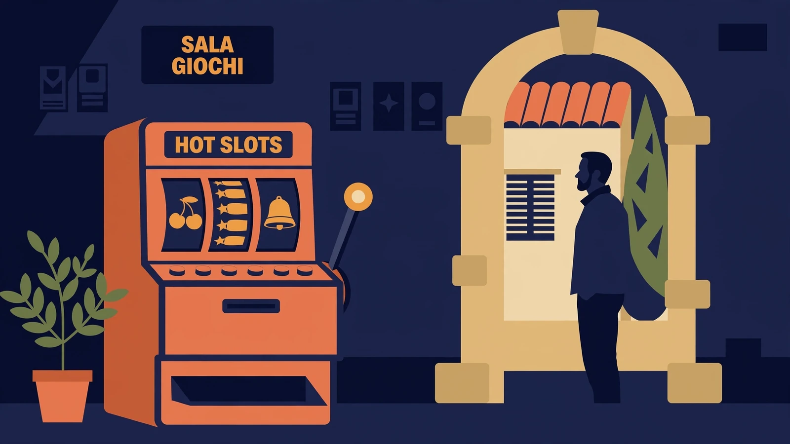 Slot machine vintage con luce ambrata e figura in ombra