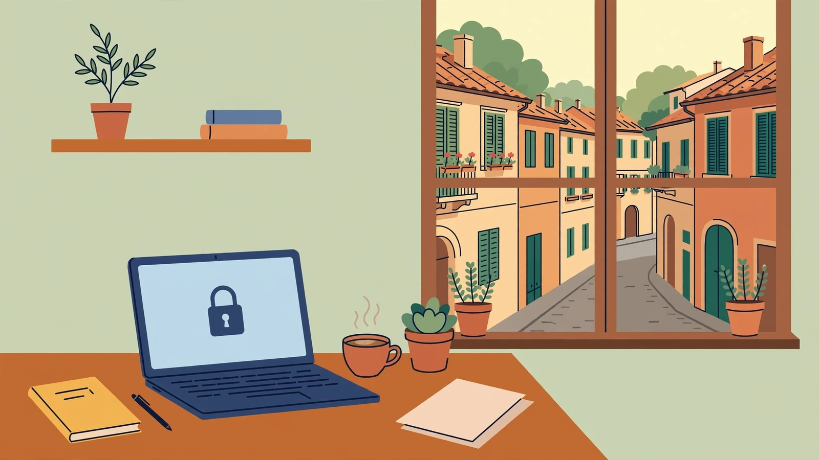 Ufficio italiano con laptop e tazza di caffè, simbolo di privacy