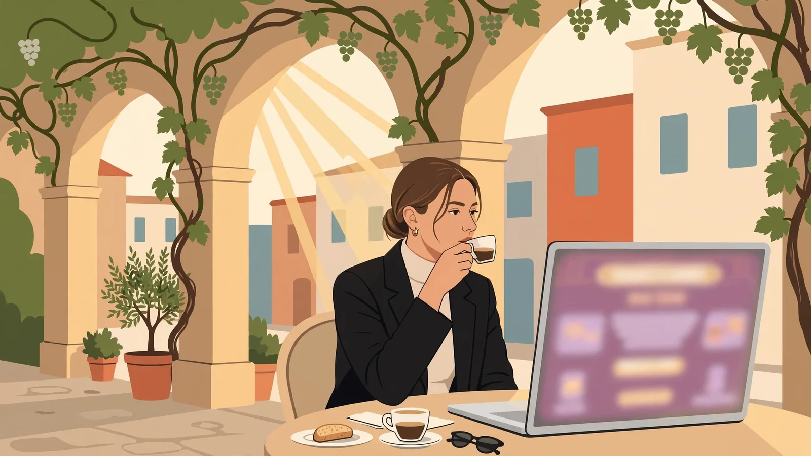 Donna al caffè con laptop e bonus casinò