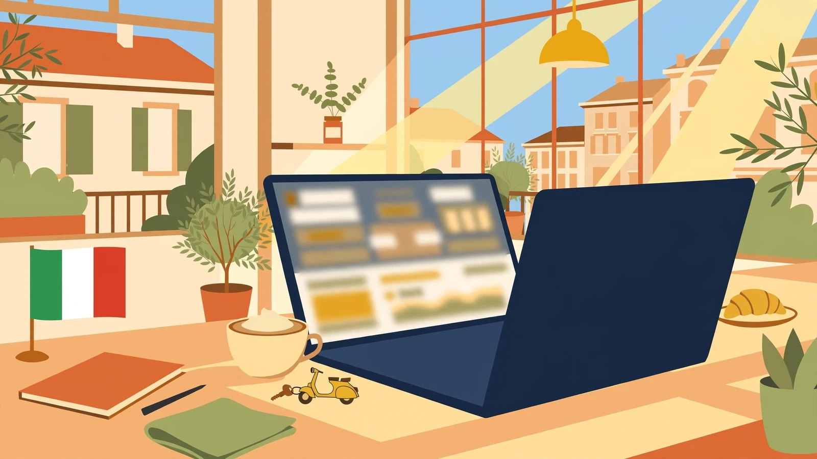 Ufficio elegante con laptop, caffè e bandiera italiana