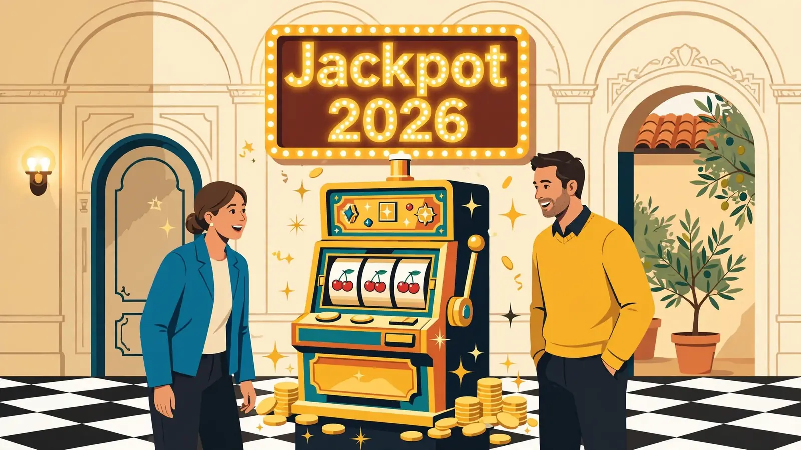 Interno di casinò italiano con slot machine e monete d'oro
